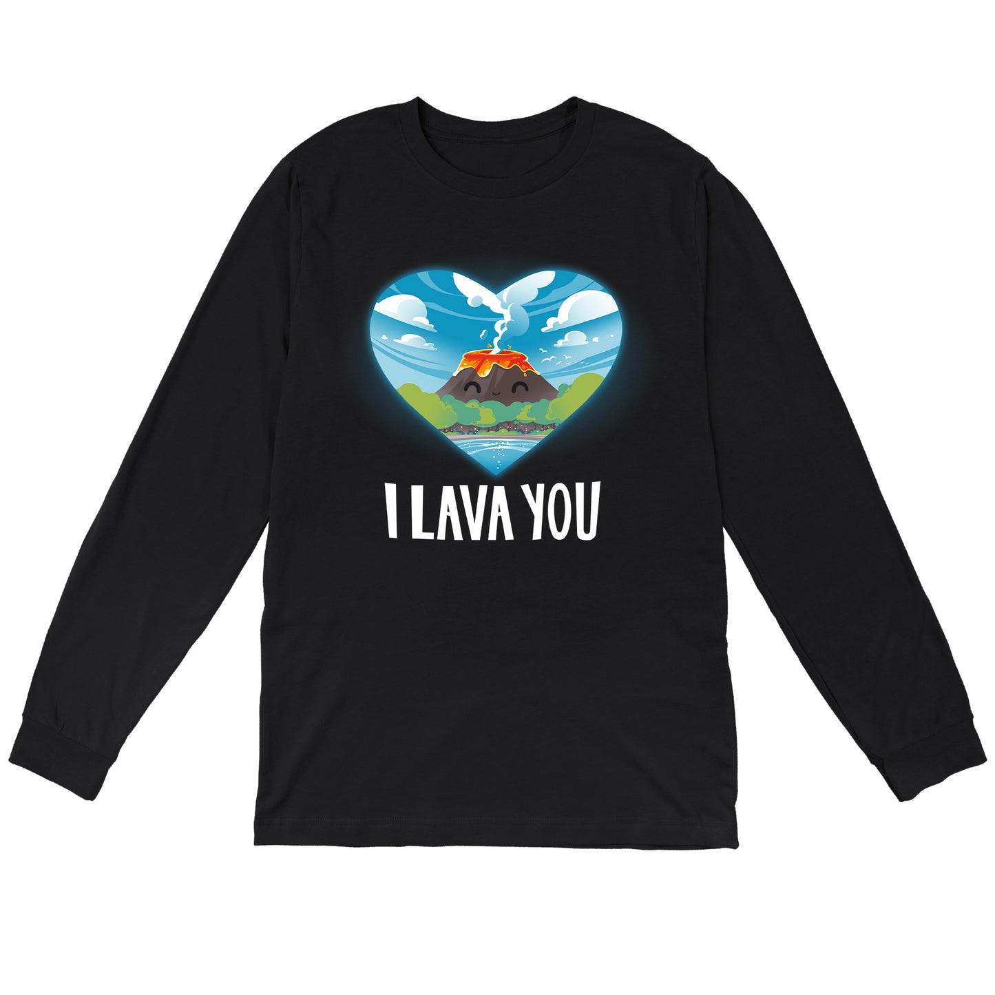 Long Sleeve T-shirt_An illustration of a smiling volcano with lava, surrounded by trees and water, inside a heart shape. The text below reads "I LAVA YOU." This I Lava You apparel by monsterdigital is made from super soft ringspun cotton for ultimate comfort. Suitable for everyone, it's the perfect unisex tee!