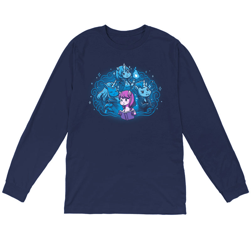 Long Sleeve T-shirt_Teeturtle I Love My Fictional Boyfriends navy blue t-shirt featuring a cute unicorn reading a book dreaming about their fictional boyfriends, an elf archer unicorn, a mage unicorn and a vampire unicorn.