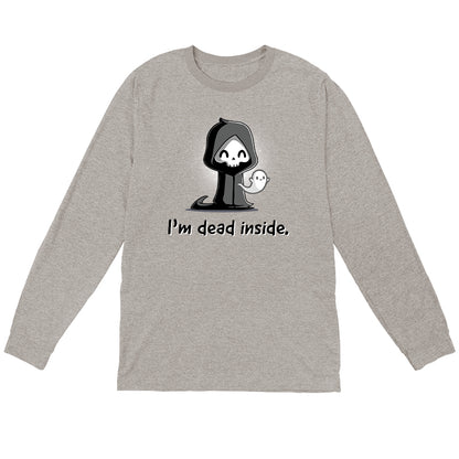 Long Sleeve T-shirt_A cartoon grim reaper, smiling, with a ghost on its right, graces the front of this super soft cotton monsterdigital "I'm Dead Inside" apparel.