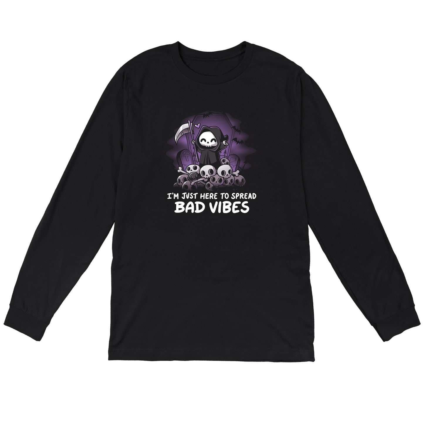 Long Sleeve T-shirt_TeeTurtle I'm just here to spread bad vibes black t-shirt featuring a grim reaper with a scythe.