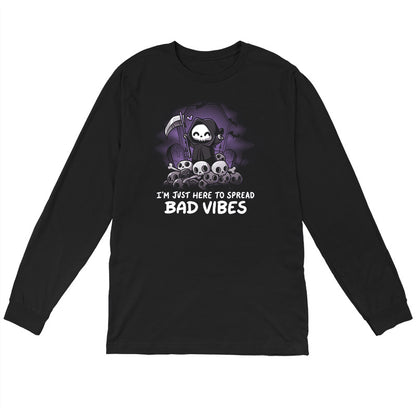 Long Sleeve T-shirt_TeeTurtle I'm just here to spread bad vibes black t-shirt featuring a grim reaper with a scythe.