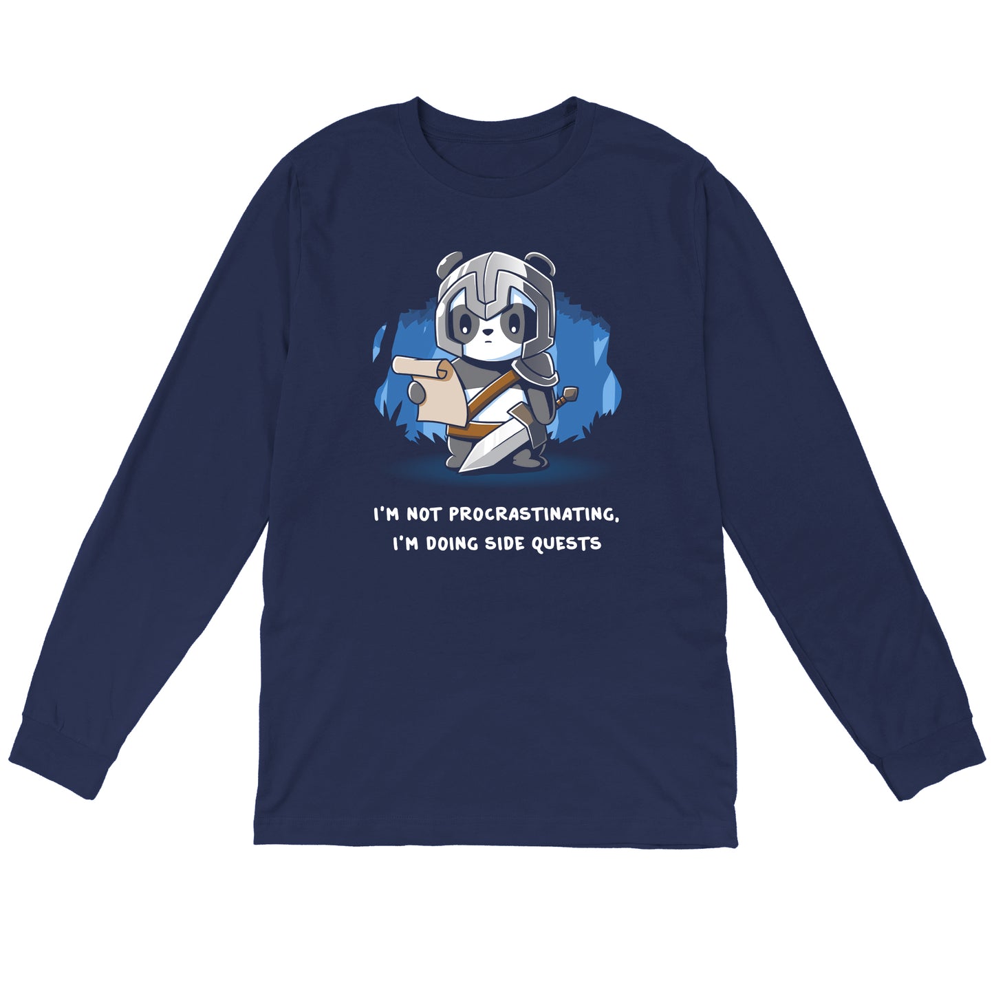 Long Sleeve T-shirt_TeeTurtle navy blue I'm Doing Side Quests. Featuring a warrior panda holding a scroll saying, "I'm not procrastinating, I'm doing side quests.".