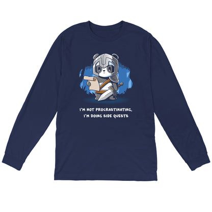 Long Sleeve T-shirt_TeeTurtle navy blue I'm Doing Side Quests. Featuring a warrior panda holding a scroll saying, "I'm not procrastinating, I'm doing side quests.".