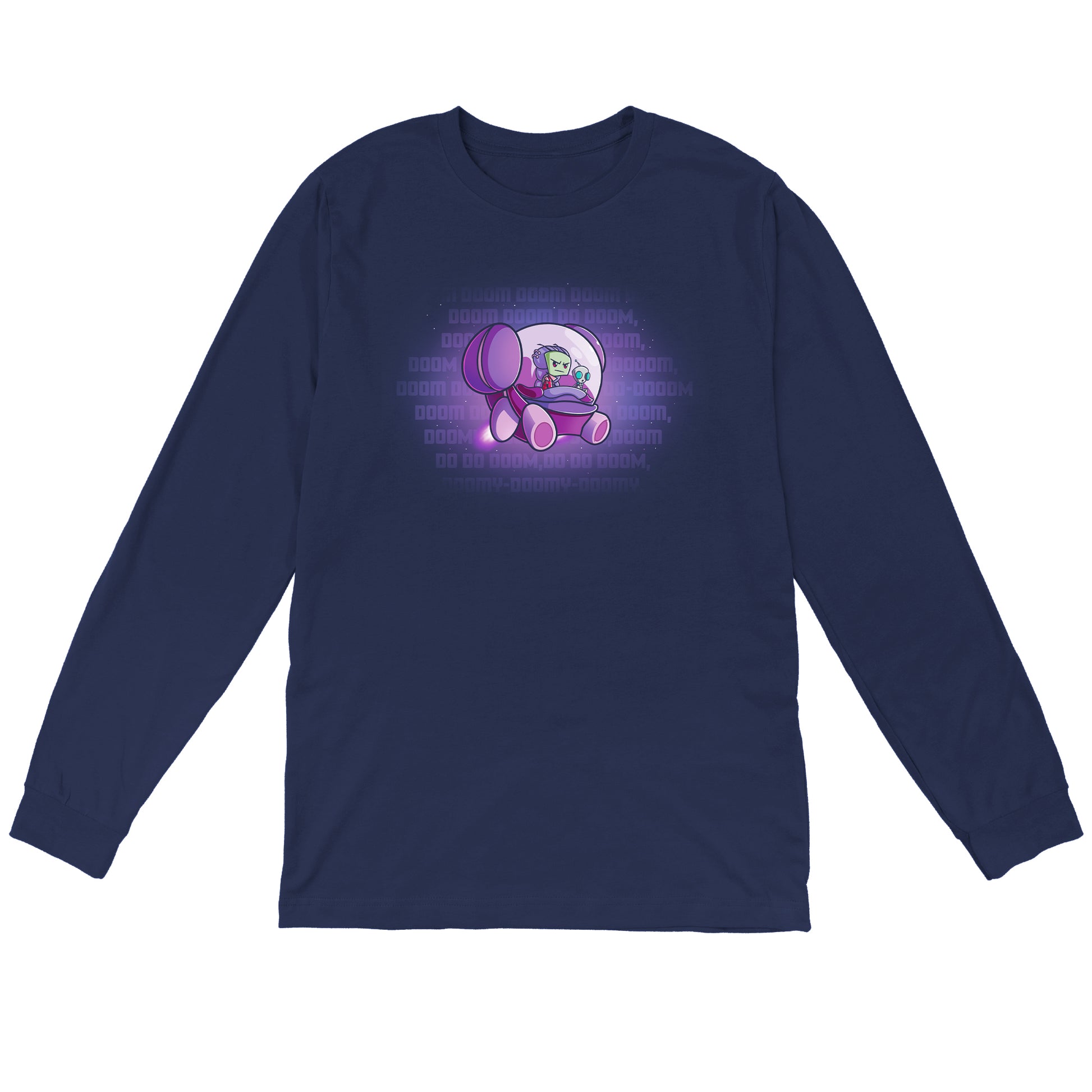 Long Sleeve T-shirt_TeeTurtle navy blue The Doom Song apparel featuring Invader Zim and Gir in a spaceship with Gir singing the Doom Song.