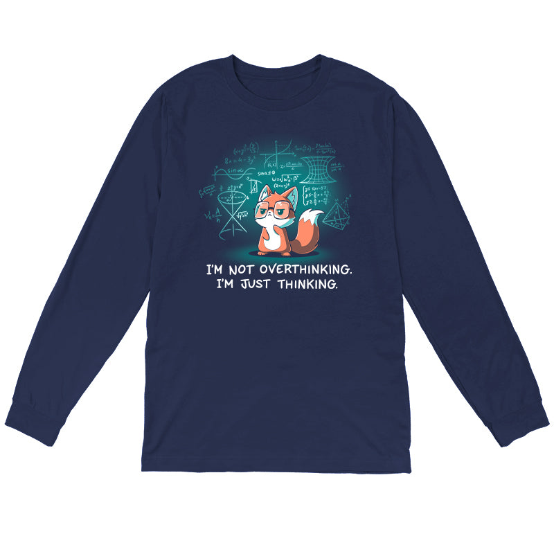 Long Sleeve T-shirt_TeeTurtle navy blue I'm Just Thinking. Featuring a thinking fox with glasses surrounded by mathematical equations.