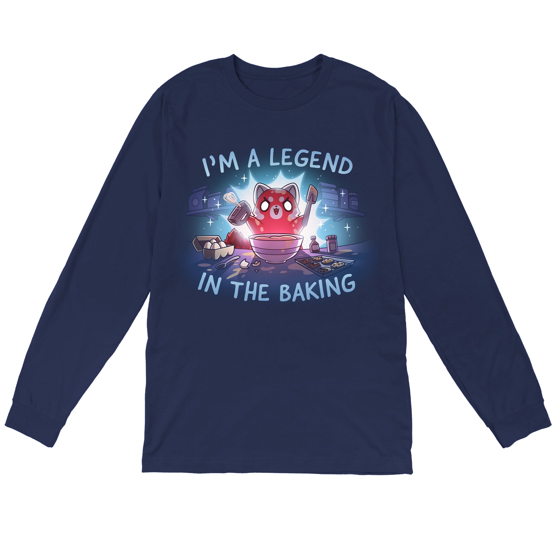 Long Sleeve T-shirt_TeeTurtle navy blue I'm a Legend in the Baking apparel featuring a red panda with lit up eyes holding a spatula and hand mixer in a kitchen surrounded by baking equipment, such as a sheet of cookies, eggs, and flour.