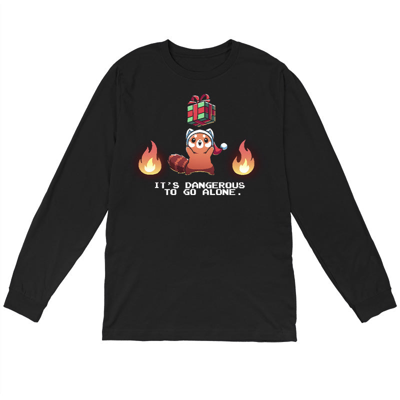 Long Sleeve T-shirt_TeeTurtle black It's Dangerous To Go Alone apparel featuring a red panda holding a floating present surrounded by two flames.