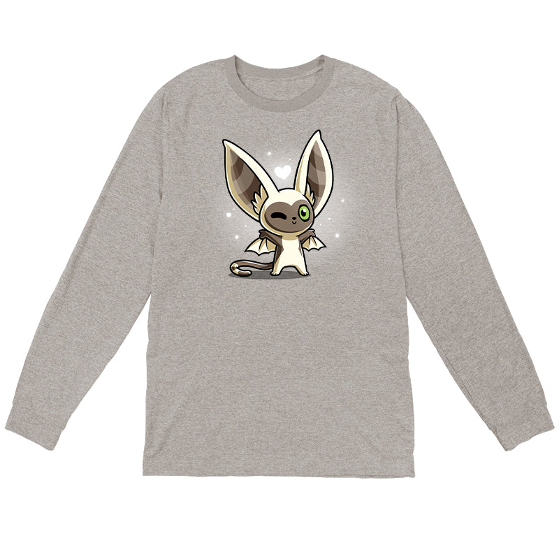 Long Sleeve T-shirt_TeeTurtle heather gray Kawaii Momo apparel featuring a winking Momo with his wings spread.