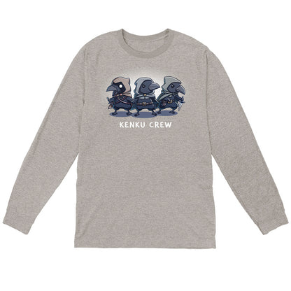 Long Sleeve T-shirt_TeeTurtle heather gray Kenku Crew apparel featuring three hooded Kenku from Dungeons & Dragons with the lefthand Kenku holding a sword, and the righthand Kenku holding a small dagger.