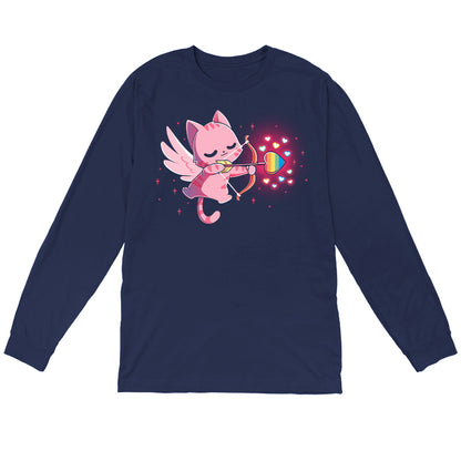 Long Sleeve T-shirt_TeeTurtle navy blue LGBTQ-pid Kitty. Featuring a pink Cupid cat shooting an arrow with a rainbow heart at the tip.