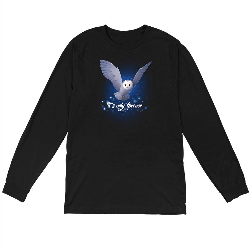 Long Sleeve T-shirt_TeeTurtle black It's Only Forever apparel featuring Jareth the Goblin King from the Labyrinth as a barn owl with its wings extended, and the caption in script, “It's Only Forever“.