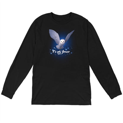 Long Sleeve T-shirt_TeeTurtle black It's Only Forever apparel featuring Jareth the Goblin King from the Labyrinth as a barn owl with its wings extended, and the caption in script, “It's Only Forever“.