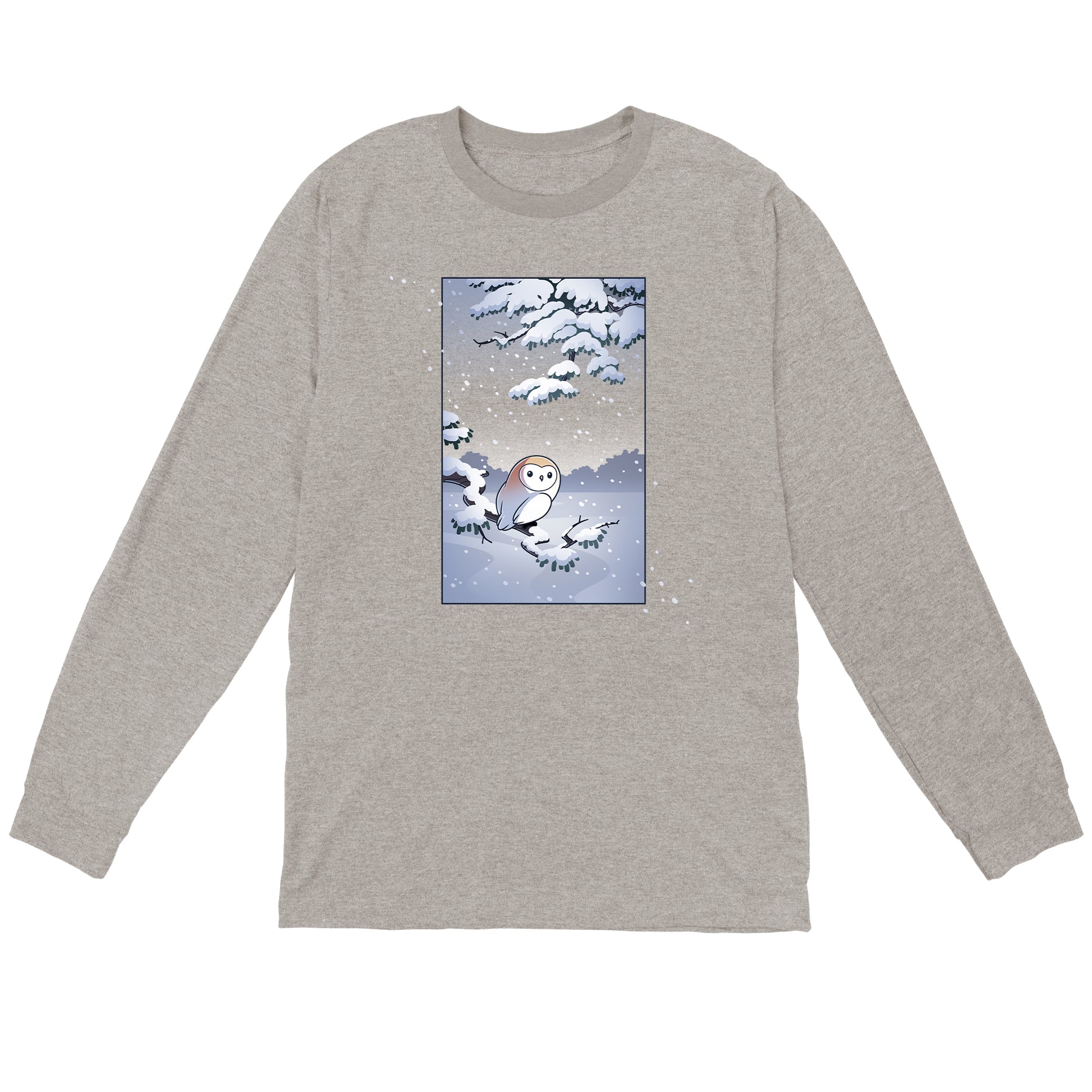 Long Sleeve T-shirt_TeeTurtle heather gray Snowy Owl apparel featuring a barn owl perched on a snowy branch with snow falling in the background.