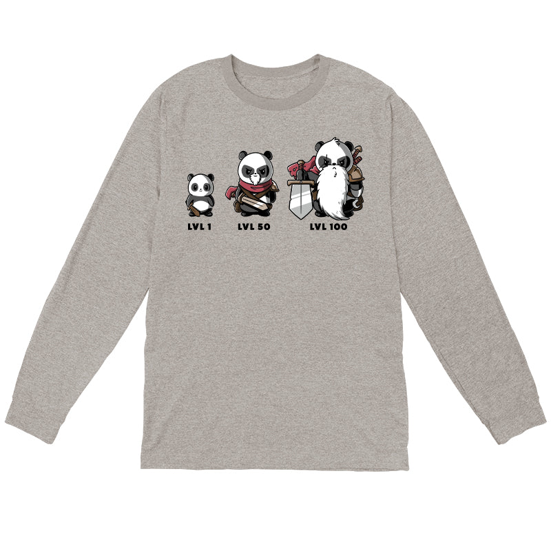 Long Sleeve T-shirt_TeeTurtle heather gray Level Up. Featuring a panda at different levels and getting more armor as it levels up.