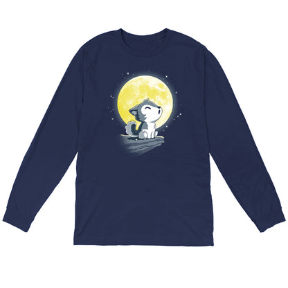 Long Sleeve T-shirt_TeeTurtle Lil' Werewolf navy blue t-shirt featuring a young wolf howling at the moon