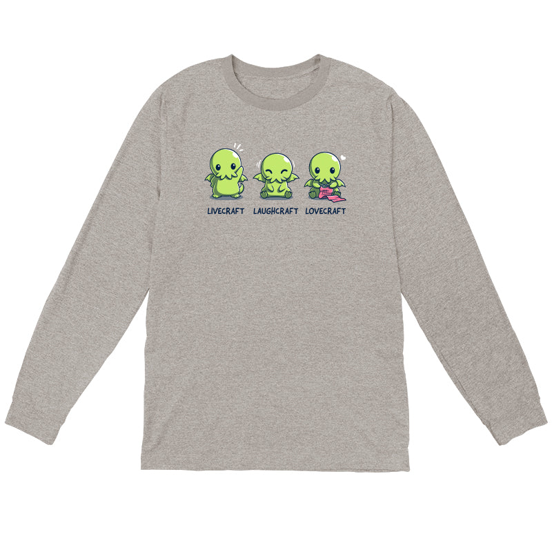 Long Sleeve T-shirt_TeeTurtle athletic heather Livecraft, Laughcraft, Lovecraft. Featuring a chibi Cthulhu waving, laughing, and crafting.