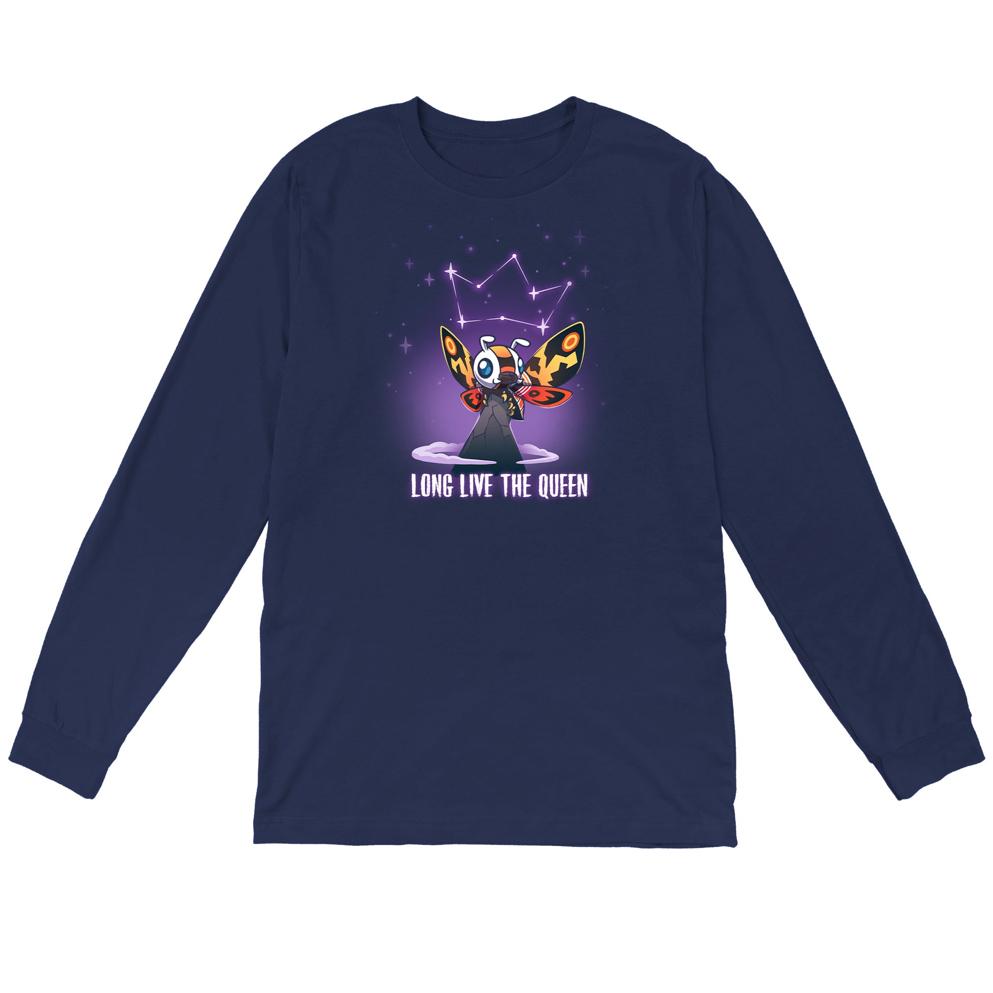 Long Sleeve T-shirt_TeeTurtle navy blue Long Live The Queen apparel featuring Mothra perched on a mountain peak with a constellation of stars forming a crown above her head, with the caption, “Long Live The Queen“ at the bottom.