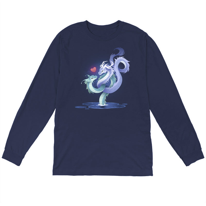 Long Sleeve T-shirt_TeeTurtle  navy blue Love Entwined apparel featuring two entwined dragons emerging from a lake.