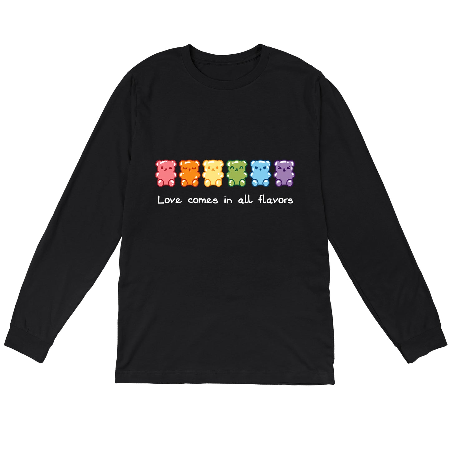 Long Sleeve T-shirt_Image of seven gummy bears in various colors (red, orange, yellow, green, blue, purple) with the caption "Love comes in all flavors." Perfect for pairing with our super soft ringspun cotton Love Comes In All Flavors apparel by monsterdigital.