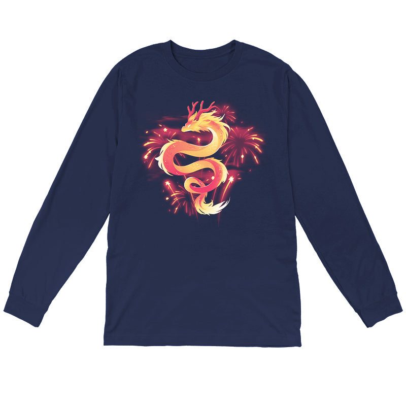 Long Sleeve T-shirt_TeeTurtle lunar new year dragon navy blue t-shirt featuring a dragon amidst fireworks.