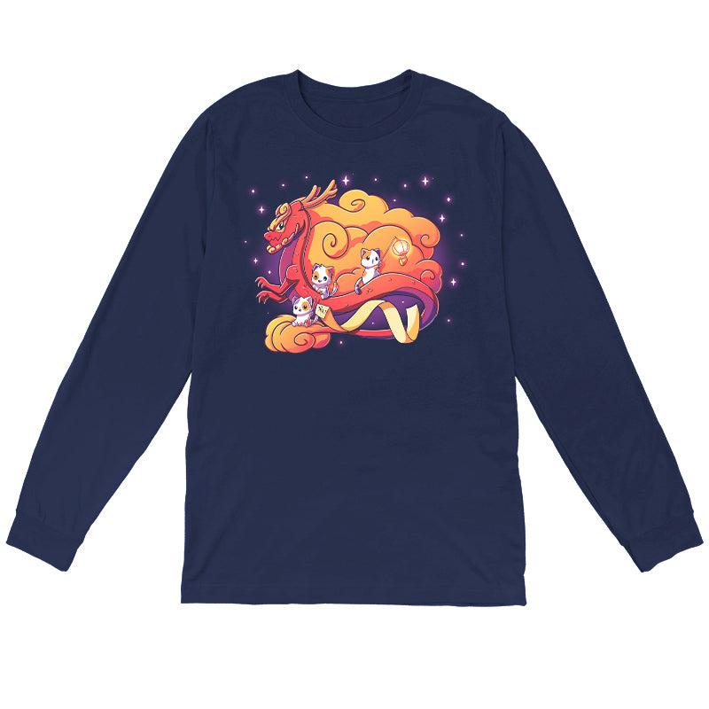 Long Sleeve T-shirt_TeeTurtle Lunar New Year kitties navy blue t-shirt featuring a dragon surrounded by cats.