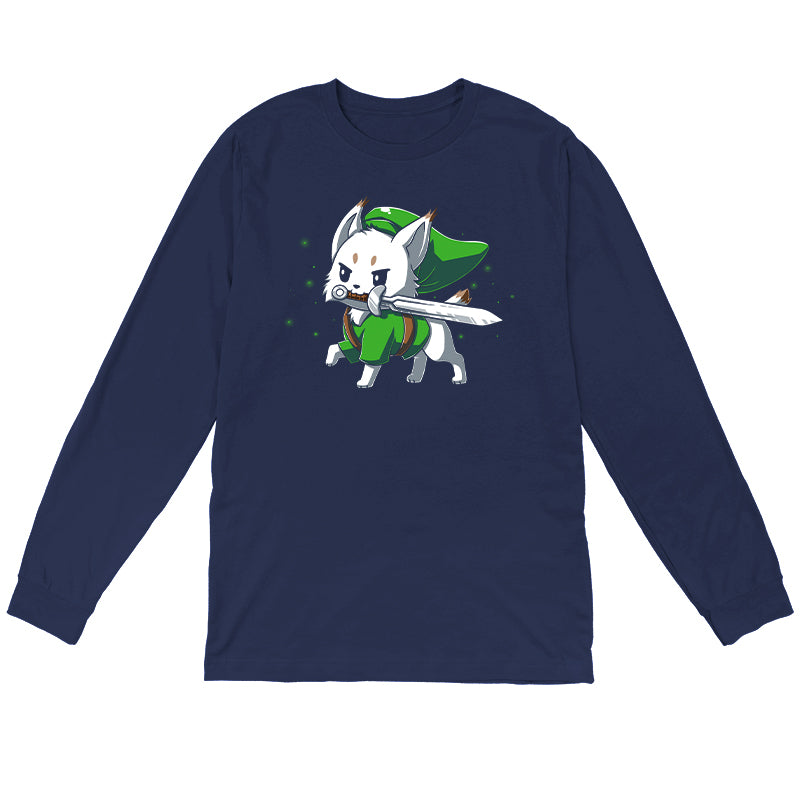  Long Sleeve T-shirt_TeeTurtle Lynx navy blue t-shirt featuring a determined white Lynx with a sword in its mouth dressed in a long green hat and matching green tunic in this fantasy video game design. 