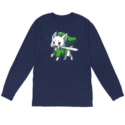  Long Sleeve T-shirt_TeeTurtle Lynx navy blue t-shirt featuring a determined white Lynx with a sword in its mouth dressed in a long green hat and matching green tunic in this fantasy video game design. 