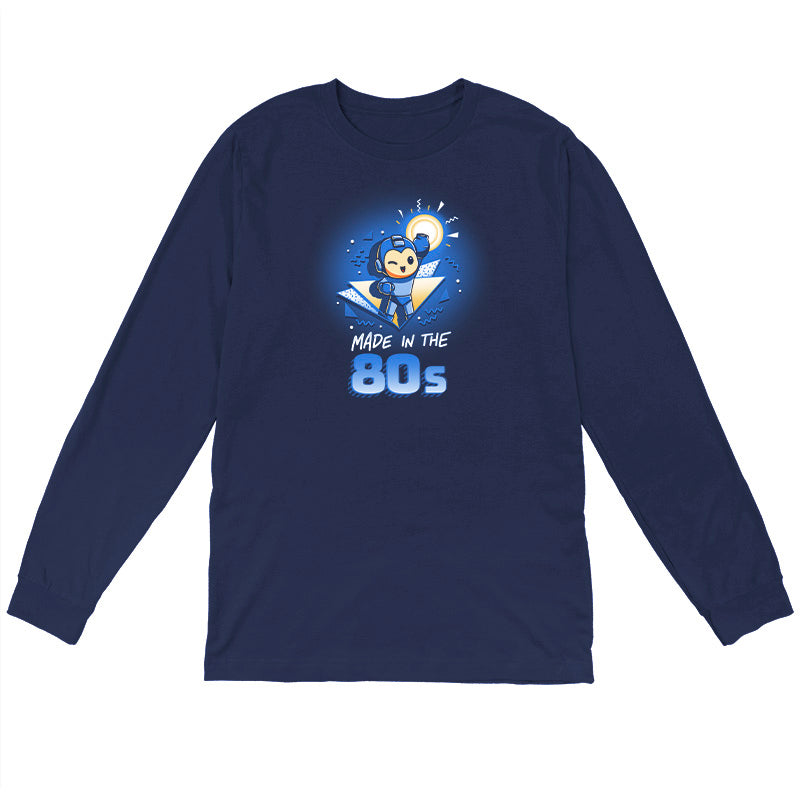 Long Sleeve T-shirt_TeeTurtle navy blue Made in the 80s featuring a winking Mega Man with his blaster arm in the air surrounded by 80s graphic elements, and the caption, "Made in the 80s".