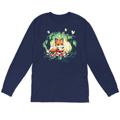 Long Sleeve T-shirt_TeeTurtle navy blue Magical Forest. Featuring a fox sitting on a toadstool in a forest with butterflies.