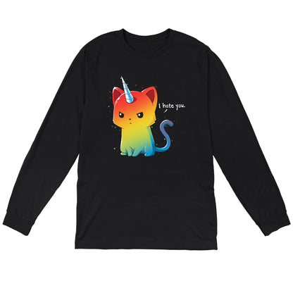 Long Sleeve T-shirt_TeeTurtle black The Magical Kittencorn. Featuring an angry rainbow kittencorn saying, "I hate you.".