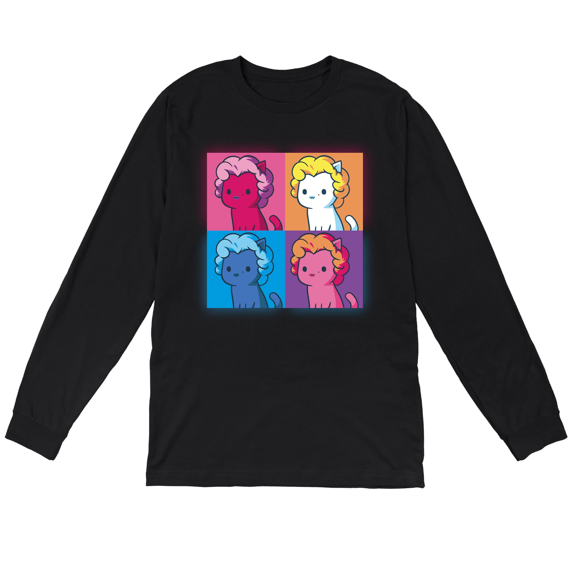 Long Sleeve T-shirt_TeeTurtle Marilyn Meownroe black t-shirt featuring a four panel, multicolored and stylized image of a cartoon cat in a Marilyn Monroe wig in parody of the famous painting of her.