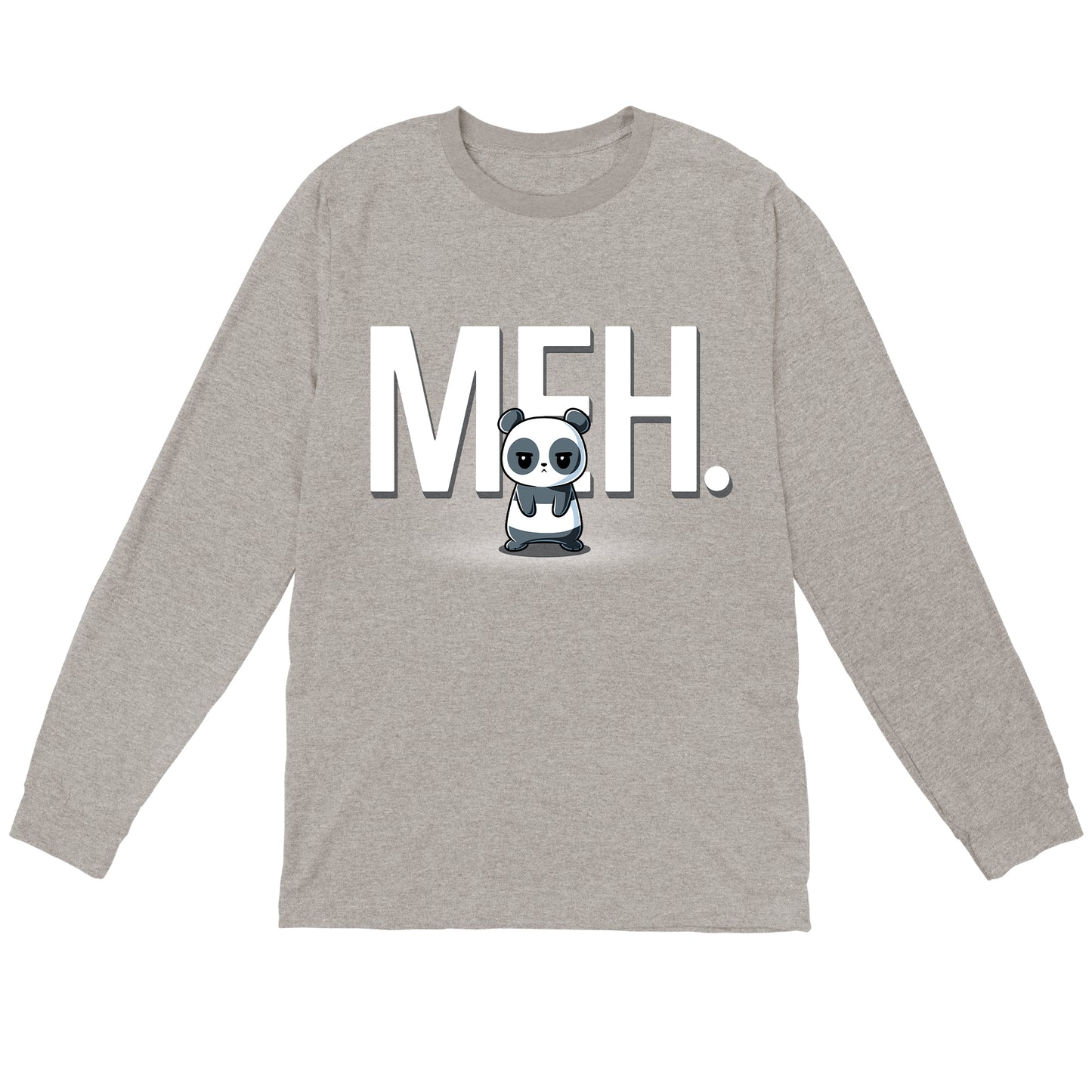 Long Sleeve T-shirt_TeeTurtle heather gray Meh Panda apparel featuring a panda with a deadpan expression with the gigantic word, “MEH.“ in the background.