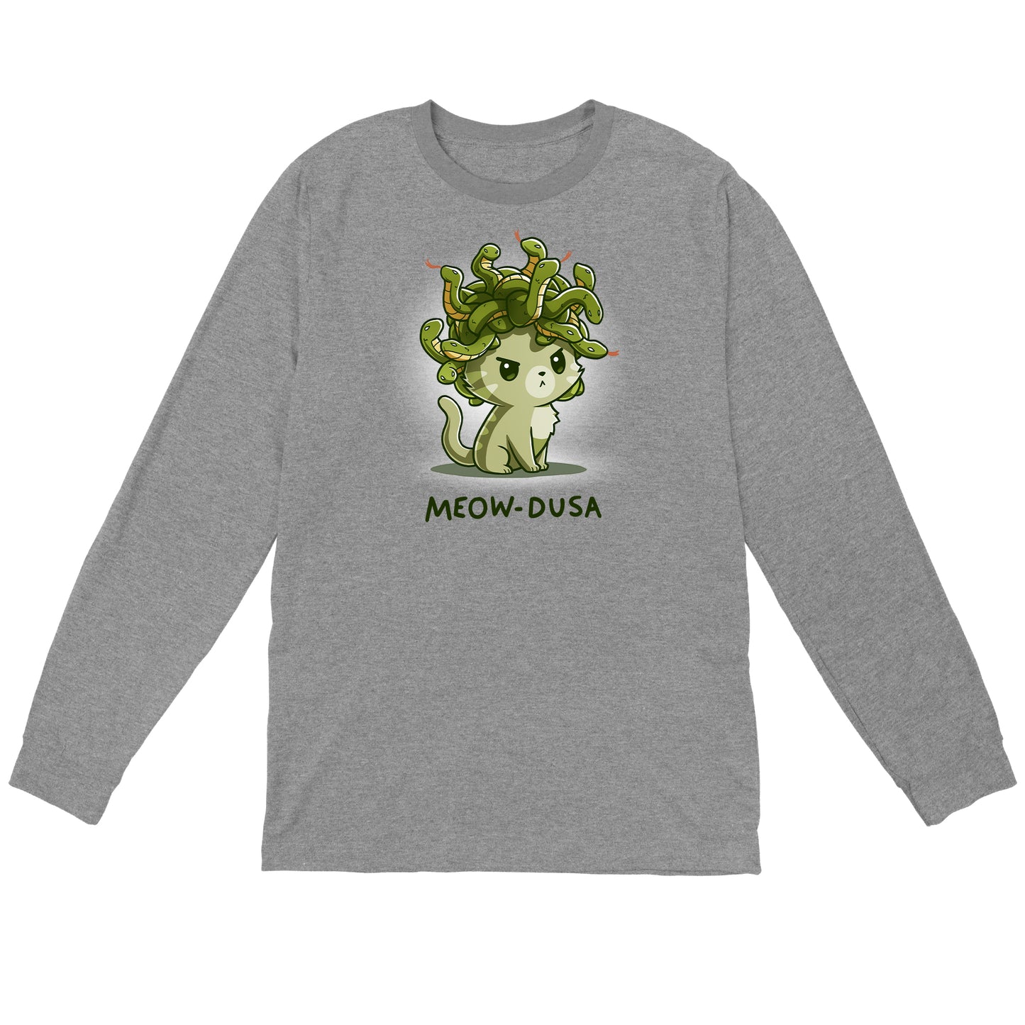 Long Sleeve T-shirt_TeeTurtle heather gray Meow-dusa apparel featuring a grumpy green cat with a nest of snakes coiled on its head, and the caption, "Meow-dusa".