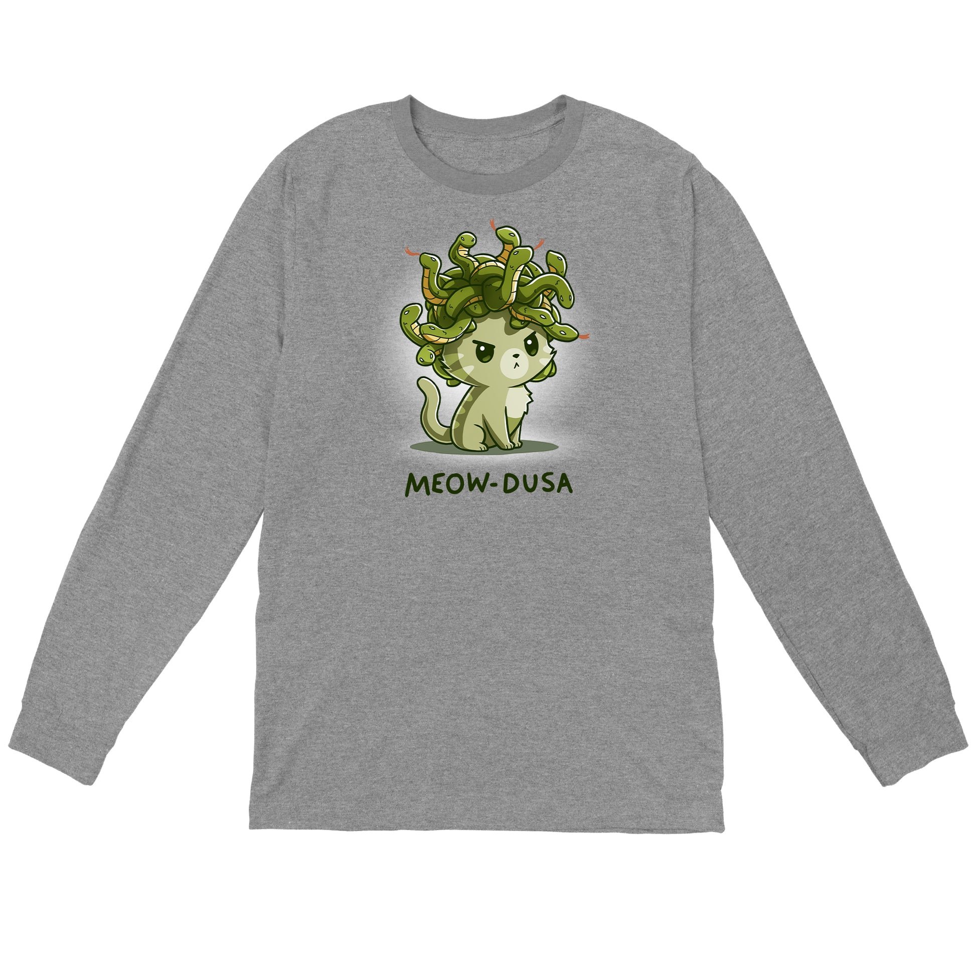 Long Sleeve T-shirt_TeeTurtle heather gray Meow-dusa apparel featuring a grumpy green cat with a nest of snakes coiled on its head, and the caption, "Meow-dusa".
