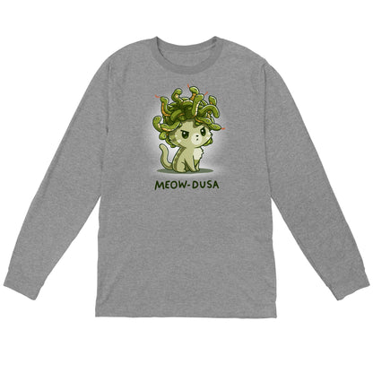 Long Sleeve T-shirt_TeeTurtle heather gray Meow-dusa apparel featuring a grumpy green cat with a nest of snakes coiled on its head, and the caption, "Meow-dusa".