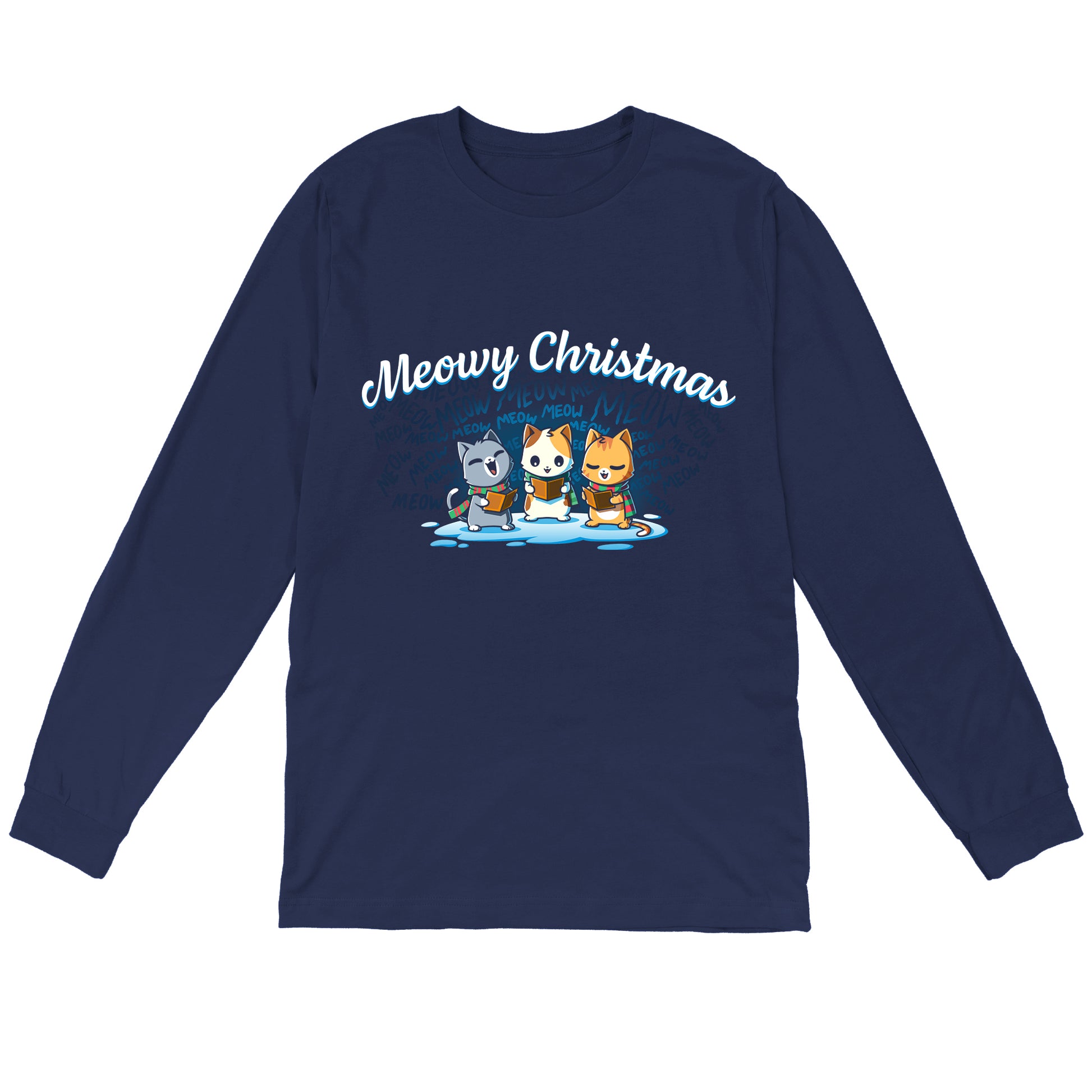 Long Sleeve T-shirt_TeeTurtle navy blue Meowy Christmas Carolers apparel featuring cats meow-singing Christmas carols.