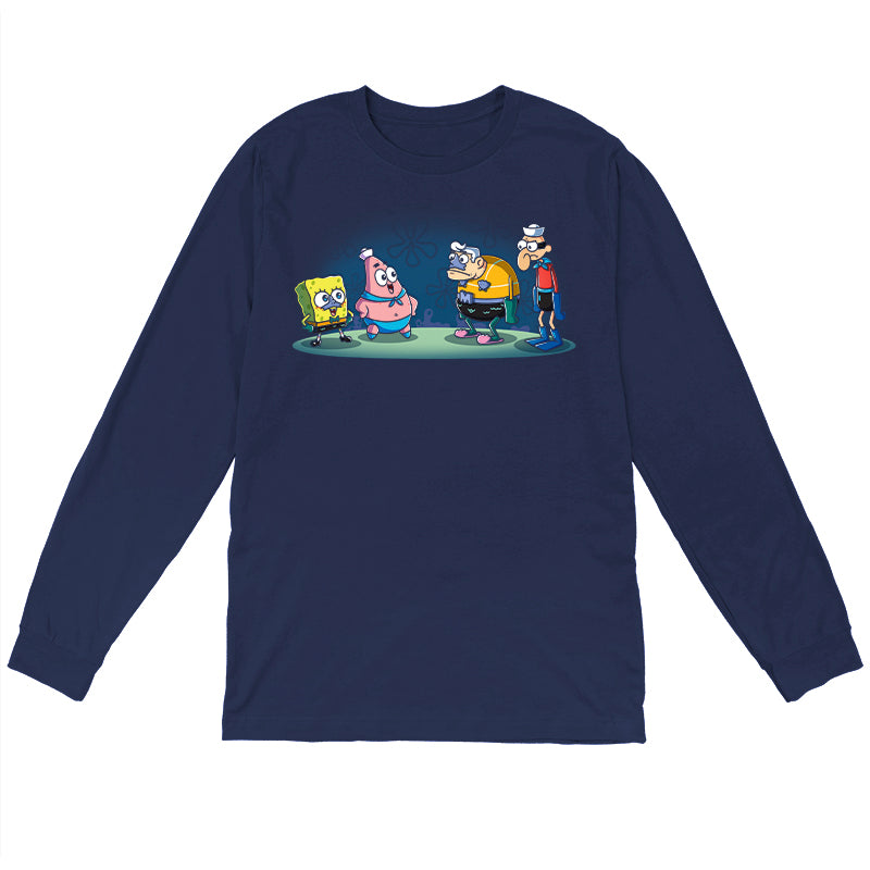Long Sleeve T-shirt_TeeTurtle navy blue MermaidBob and BarnaclePat apparel featuring SpongeBob SquarePants in a MermaidMan costume, and Patrick Star in a BarnacleBoy costume with a surprised MermaidMan and grumpy BarnacleBoy looking at them.