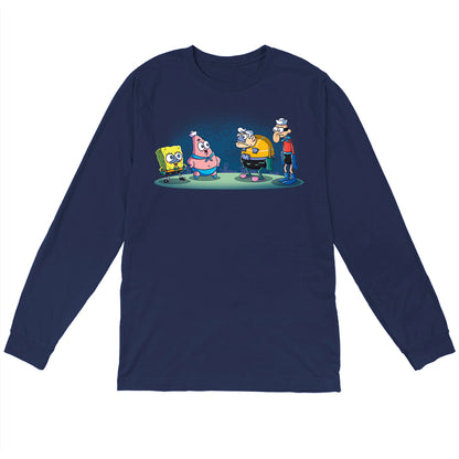 Long Sleeve T-shirt_TeeTurtle navy blue MermaidBob and BarnaclePat apparel featuring SpongeBob SquarePants in a MermaidMan costume, and Patrick Star in a BarnacleBoy costume with a surprised MermaidMan and grumpy BarnacleBoy looking at them.