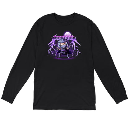 Long Sleeve T-shirt_TeeTurtle black Metal Shredder apparel featuring Shredder in a ready-for-battle pose with his name rendered in a heavy metal font with lightning bolts at the end and the full moon in the background.