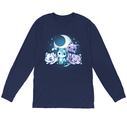 Long Sleeve T-shirt_TeeTurtle navy blue Moon & Star Meows. Featuring blue and purple kittens with moon and star patterns on their fur.