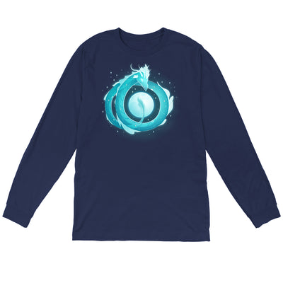 Long Sleeve T-shirt_TeeTurtle navy blue Moonshadow Drake apparel featuring a ghostly dragon coiled in the sky with the full moon showing through the circular space created by its coils.