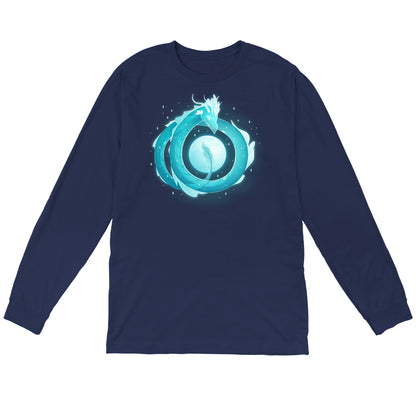 Long Sleeve T-shirt_TeeTurtle navy blue Moonshadow Drake apparel featuring a ghostly dragon coiled in the sky with the full moon showing through the circular space created by its coils.