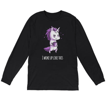 Long Sleeve T-shirt_TeeTurtle black Morning Unicorn. Featuring a disheveled unicorn holding a coffee cup.