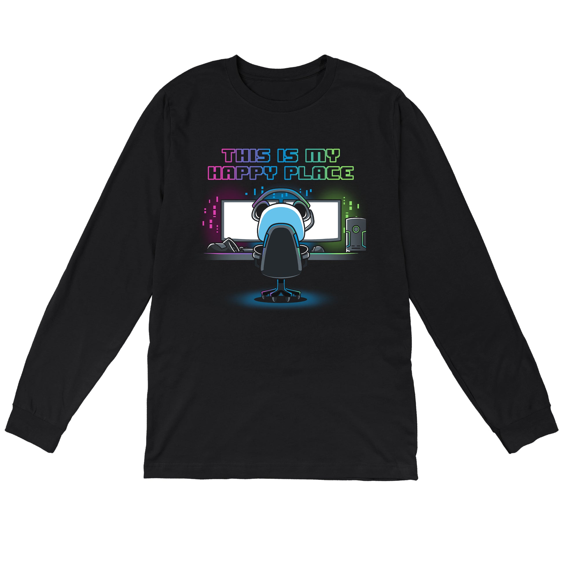 Long Sleeve T-shirt_Illustration of a person sitting at a computer desk with multiple monitors, wearing a headset and a black apparel. Above them, text reads "My Rig is My Happy Place" by monsterdigital in colorful neon letters.