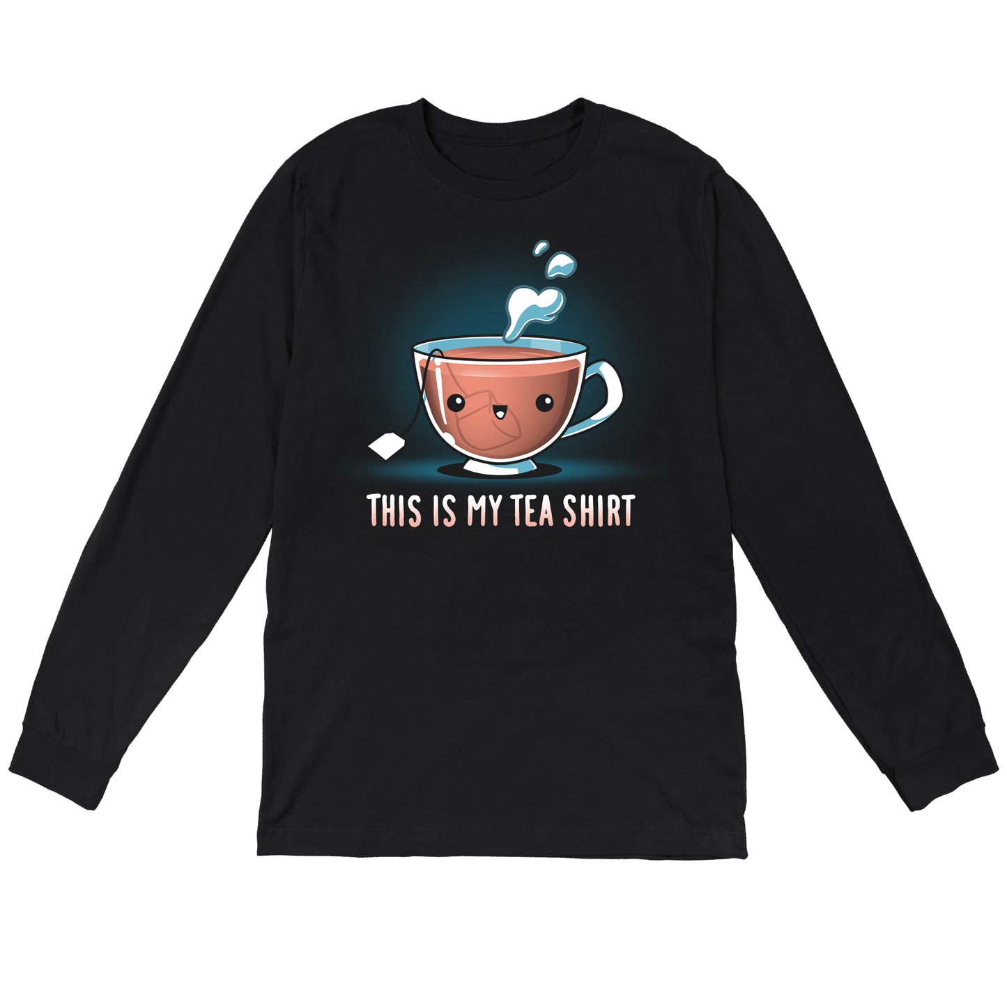 Long Sleeve T-shirt_TeeTurtle My Tea Shirt black t-shirt featuring a smiling teacup with a tea bag inside. Text below reads, "This is My Tea Shirt."