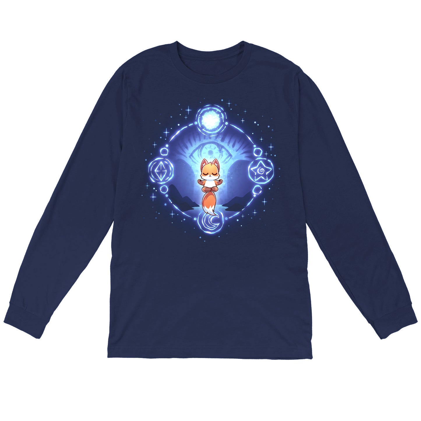 Long Sleeve T-shirt_TeeTurtle navy blue Mystic Fox apparel featuring a floating fox in a meditative position surrounded by a circle with mystical celestial symbols on it and a giant eye in the background.