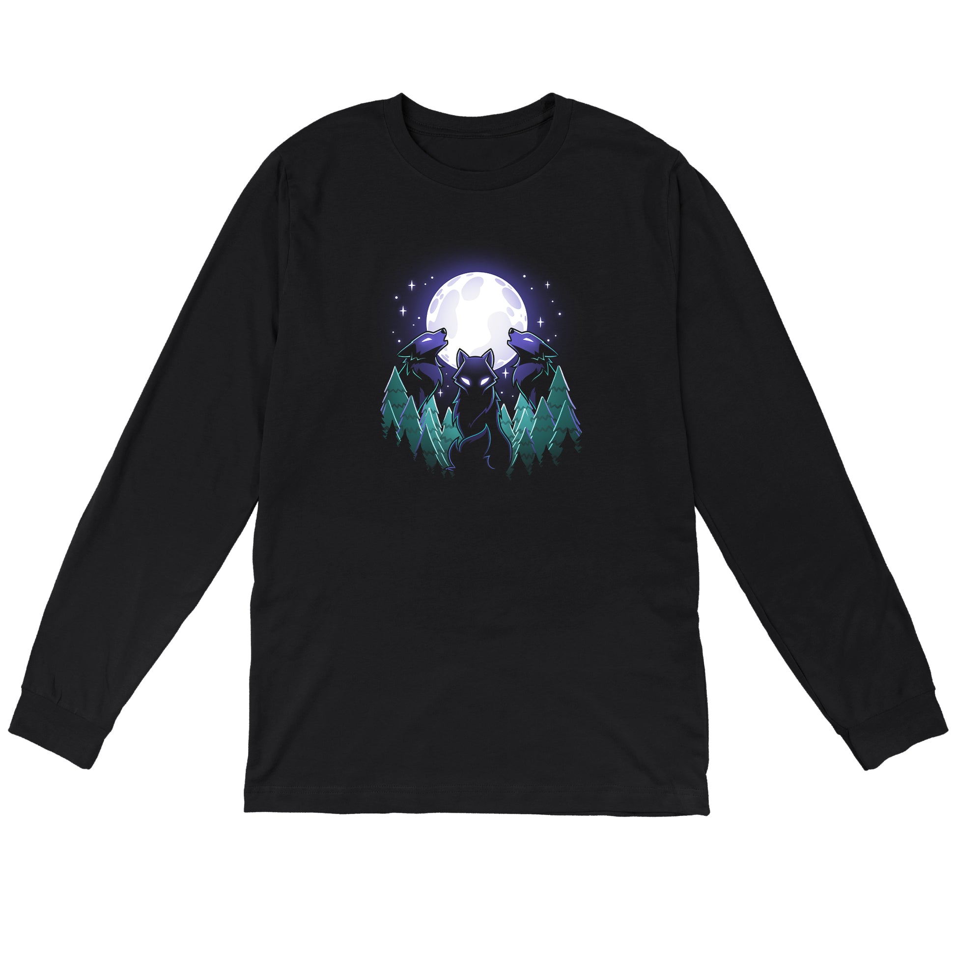 Long Sleeve T-shirt_TeeTurtle Mystical Moon black t-shirt featuring three wolves with glowing eyes howl at a large, Mystical Moon, surrounded by a nature forest of evergreen trees and twinkling stars in the night sky.