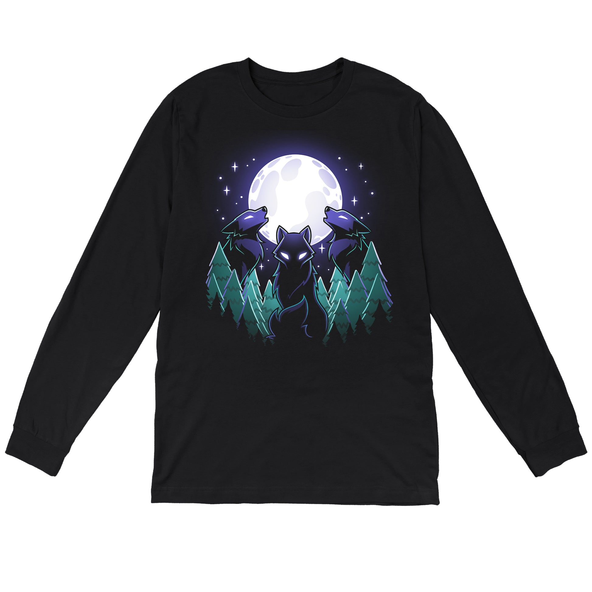 Long Sleeve T-shirt_TeeTurtle Mystical Moon black t-shirt featuring three wolves with glowing eyes howl at a large, Mystical Moon, surrounded by a nature forest of evergreen trees and twinkling stars in the night sky.