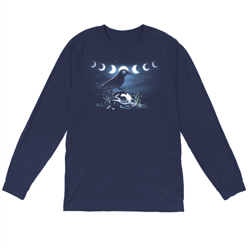 Long Sleeve T-shirt_TeeTurtle Mystical Crow navy blue t-shirt featuring a crow with glowing eyes standing on an animal skull in a grassy area under a night sky.