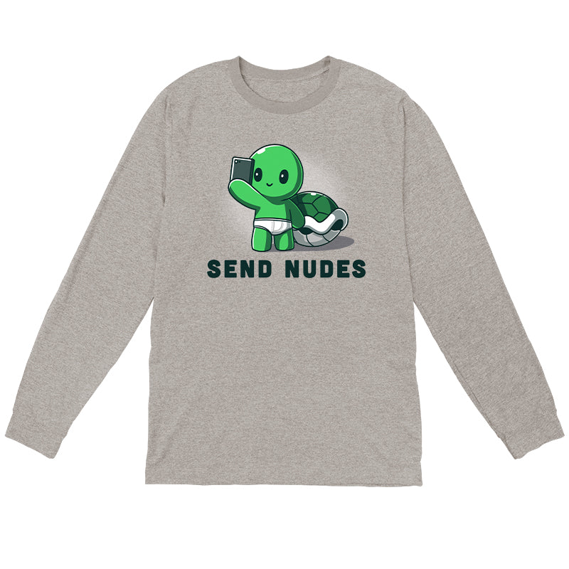 Long Sleeve T-shirt_green cartoon turtle character holding a smartphone, wearing white underwear, with "SEND NUDES" text below it, on a super soft ringspun cotton Unisex apparelby monsterdigital called Send Nudes.